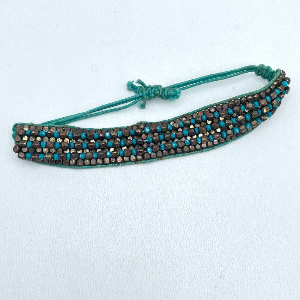 Handmade Turquoise Cord Bohemian-Style Seed Beads Woven Loom Beaded Bracelet 90s